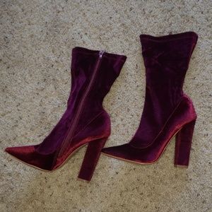 Burgundy Velvet Heeled Boots